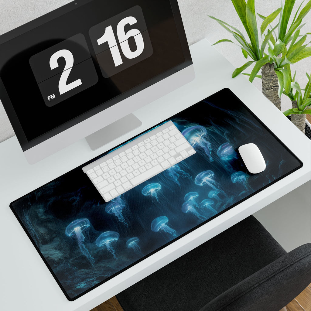 Bioluminescent Jellyfish Crystal Cave Gaming XXL Extended Desk Mat - Cyberpunk & Fantasy Gaming Desk Setup Ideas UK