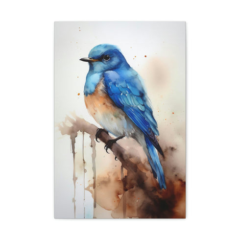 Beautiful blue bird canvas with tranquil sky & detailed tree branch.