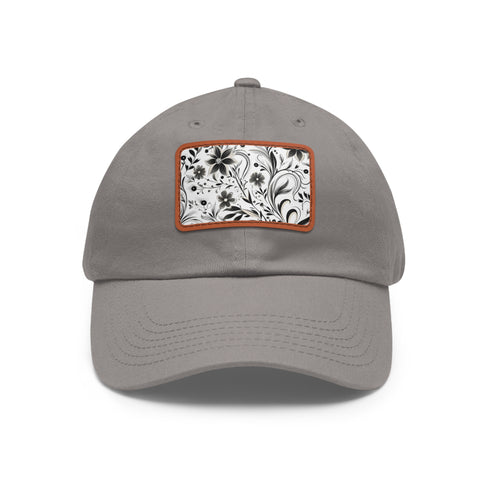 Monochrome baseball cap with repeating pattern design, white/light brown patch.