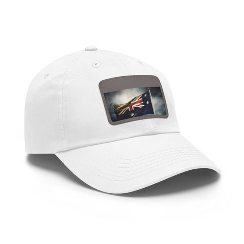 Australian flag design white baseball cap with light brown patch.