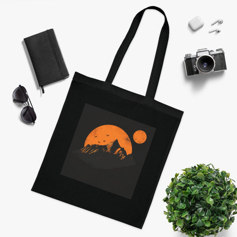 Mountain Dawn Tote Bag, Cotton Black Tote, Majestic Peak Design.