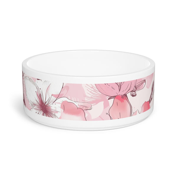 Stylish ceramic cherry blossom pet bowl in pink and white pattern.