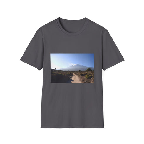 Charcoal cotton crew neck t-shirt featuring Mount Kilimanjaro summer adventure graphic