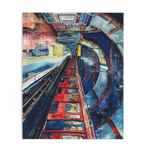 London Underground watercolor jigsaw puzzle with iconic transportation system design.