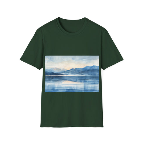 Watercolor tee featuring Alaska landscapes in charcoal, size S variant.