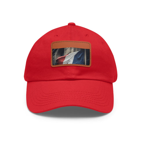 French flag baseball cap in white with light brown rectangle patch.
