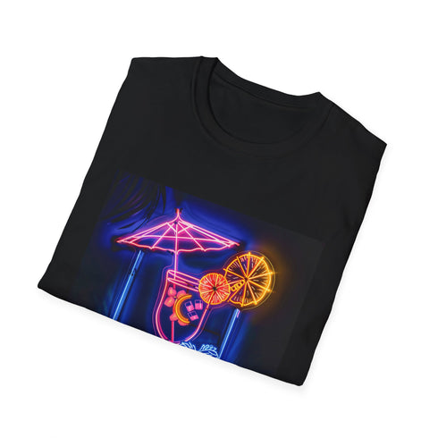 Charcoal tropical neon glow t-shirt with cocktail design evokes beach vibes