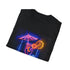 Charcoal tropical neon glow t-shirt with cocktail design evokes beach vibes