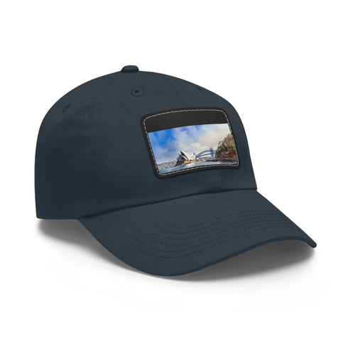 Stylish Sydney skyline baseball cap in white with light brown patch.