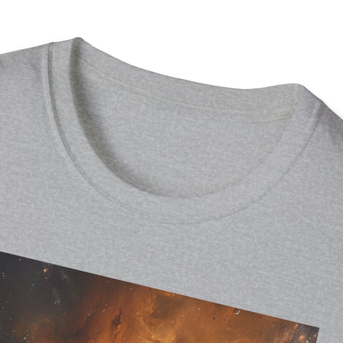 Charcoal crew neck cotton t-shirt featuring vibrant Jupiter painting design