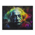 Neon Einstein puzzle with vibrant watercolor portrait in brilliant colors.