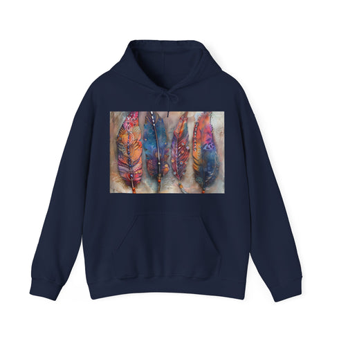 Bohemian Feather Hoodie in Navy, Unisex S Size, DTG Print