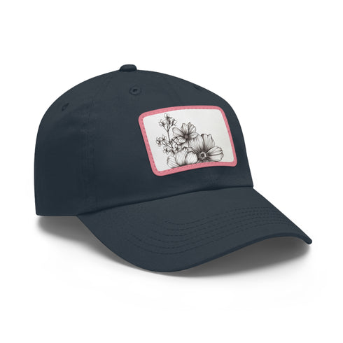 Hand-drawn floral white baseball cap with light brown rectangle patch.
