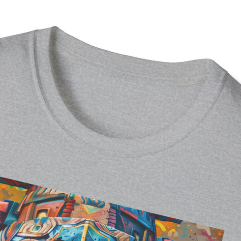 Charcoal cotton T-shirt with neon tribal mask painting design