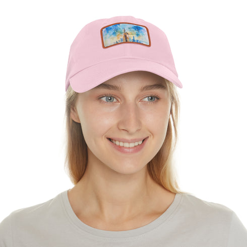 Empire State Skyline Watercolor Cap, White with Light Brown Patch.