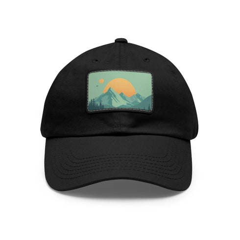 Minimalist white baseball cap with light brown mountain landscape patch.