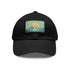Minimalist white baseball cap with light brown mountain landscape patch.