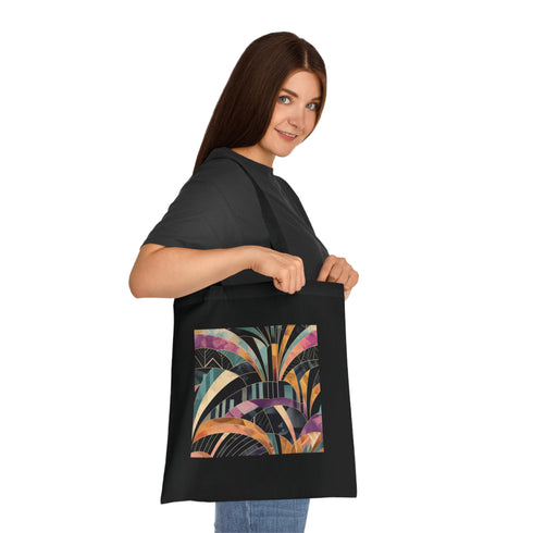 Art Deco Elegance Cotton Black Tote Bag with Abstract Geometric Design
