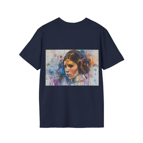 Charcoal crew neck tee with watercolor Princess Leia design cotton fabric