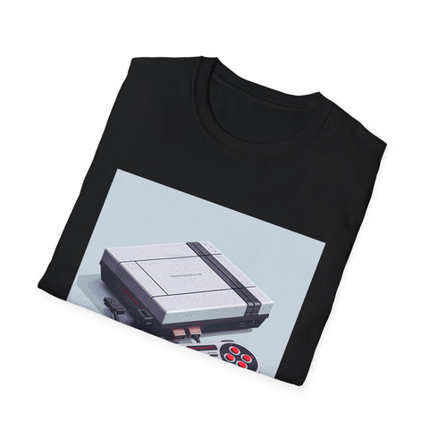 Charcoal retro gaming t-shirt with pixelated console and heroes design.