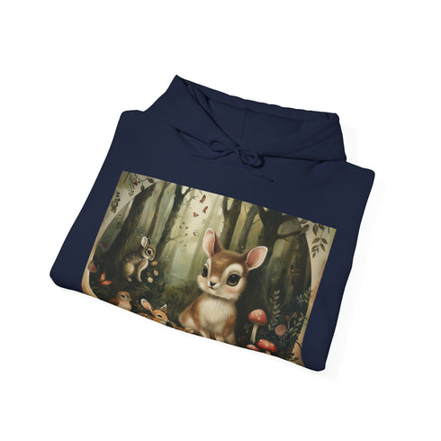 Navy sylvan sanctuary hoodie with woodland creatures among ancient trees.