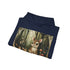 Navy sylvan sanctuary hoodie with woodland creatures among ancient trees.