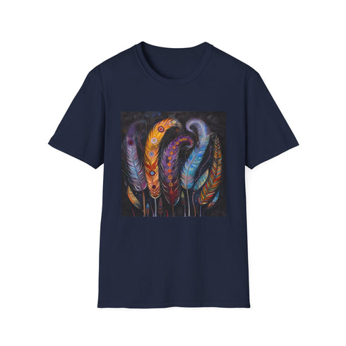 Charcoal cotton t-shirt with colorful bohemian feather design for summer fun