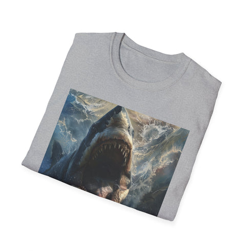 Charcoal cotton T-shirt with vibrant Megalodon painting capturing prehistoric power