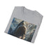 Charcoal cotton T-shirt with vibrant Megalodon painting capturing prehistoric power