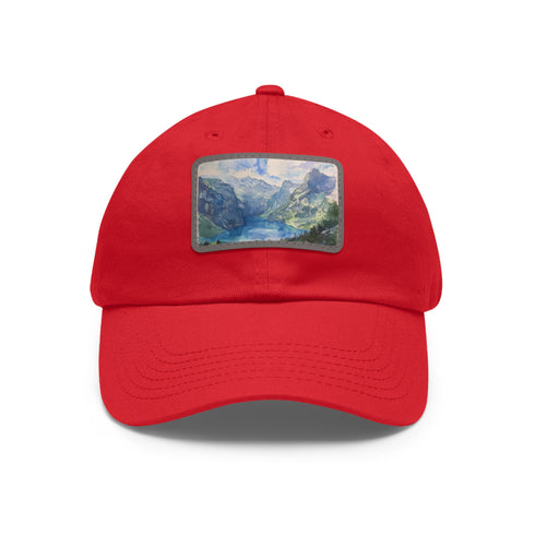 Swiss Alps watercolor baseball cap with light brown patch, rectangle shape.