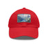 Swiss Alps watercolor baseball cap with light brown patch, rectangle shape.
