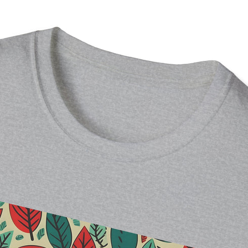 Charcoal cotton T-shirt with autumn leaf pattern and grunge textures