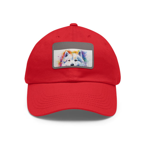 Fluffy Samoyed Snapback hat with white patch, rectangle shape.