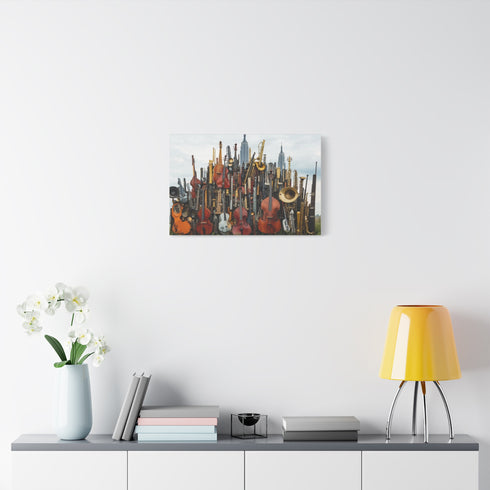 City Skyline Made of Musical Instruments Stretched Canvas Wall Art