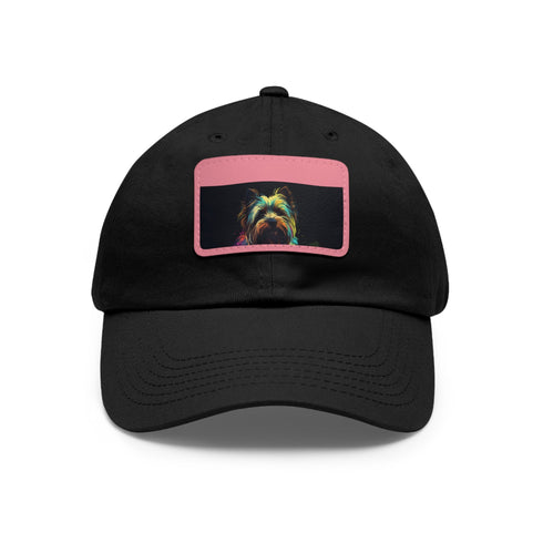 Adorable Yorkshire Terrier Embroidered Baseball Cap, White Rectangular Shape.