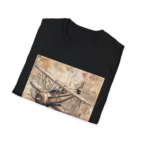 Charcoal crew neck t-shirt with vintage airplane travel stamp design