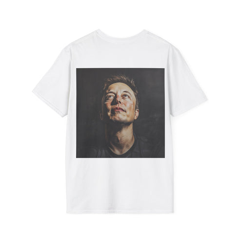 Charcoal cotton crew neck tee with Elon Musk graphic.