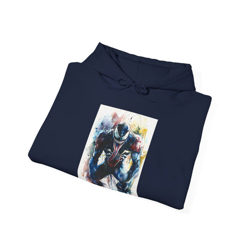 Hoodie featuring Venom Spiderman Symbiote design on navy fabric.