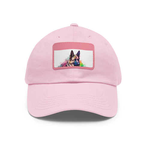 German Shepherd print white baseball cap with light brown patch.
