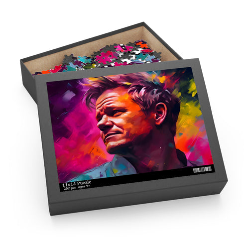 Vibrant Gordon Ramsay puzzle with neon watercolor design - 120 pieces.