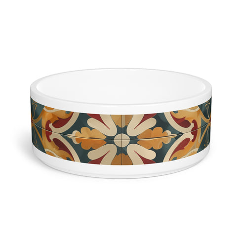 Chic ceramic pet bowl with artisan tile pattern for cats and dogs.