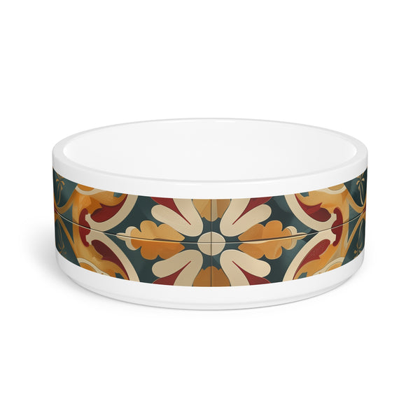 Chic ceramic pet bowl with artisan tile pattern for cats and dogs.