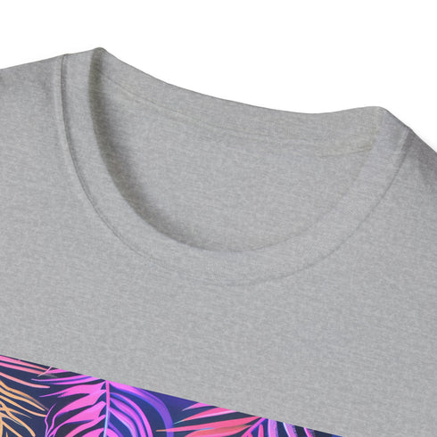 Neon Tropics Charcoal Cotton T-shirt with Shimmering Palm Trees