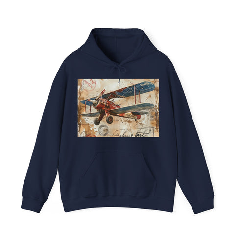 Vintage airplane navy hoodie with travel stamps print for men and women.