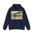 Vintage airplane navy hoodie with travel stamps print for men and women.