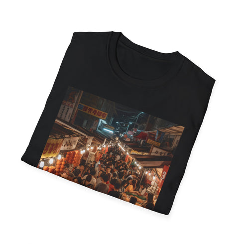 Charcoal T-shirt with vibrant Asian night market illuminated graphic