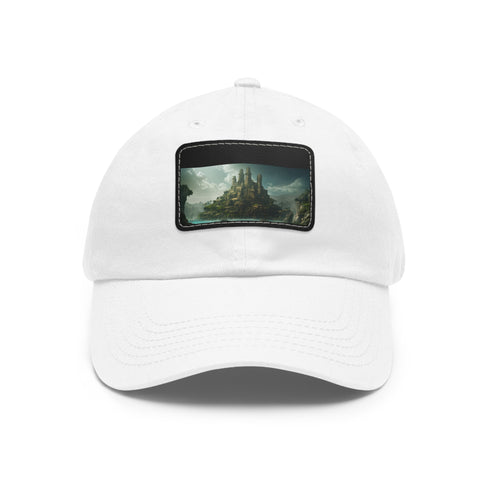 Stylish white cotton baseball cap with light brown patch, inspired by Atlantis.