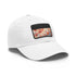 Vibrant autumn leaf patterned baseball cap in white with light brown patch.