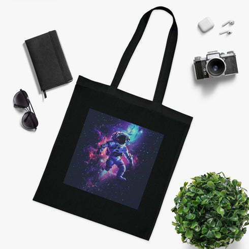 Cosmic Explorer Tote Bag in Black Cotton for Accessories, DTG Printing.