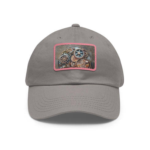 Steampunk baseball cap with gear patches in white and brown.